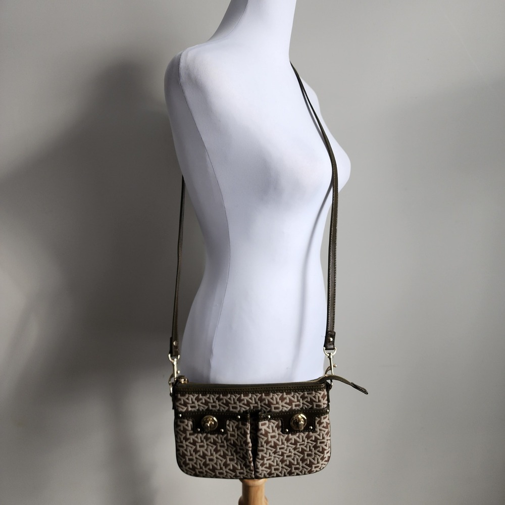 DKNY Crossbody Bag Womens Small Brown Monogram Canvas Logo Purse Shoulder Strap